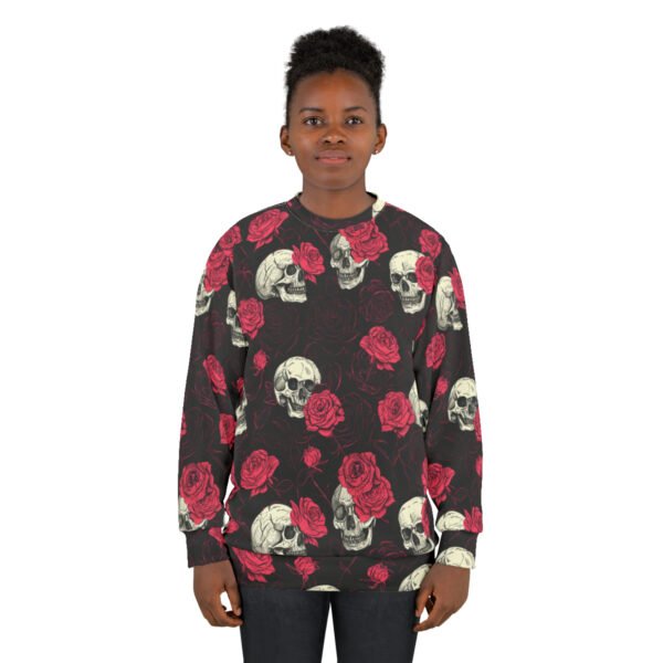 Skulls and Roses - Pink White on Black - Unisex Sweatshirt (AOP)
