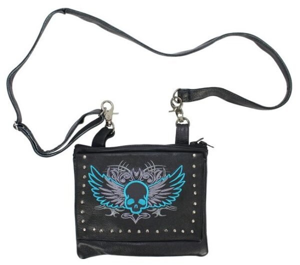 Leather Belt Bag - Teal Blue - Gun Pocket - Flying Skull Design - Handbag - BAG36-EBL10-TEAL-DL