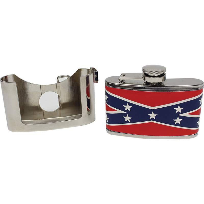 Be A Rebel 3oz Stainless Steel Belt Buckle Flask with Rebel Flag - SKU KTFLASKBKRBL-BN