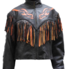 Women's Leather Motorcycle Jacket With Orange Flames and Fringe - SKU LJ259-DL
