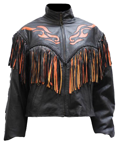 Women's Leather Motorcycle Jacket With Orange Flames and Fringe - SKU LJ259-DL