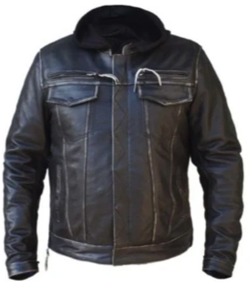 Leather Motorcycle Jacket - Men's - Distressed Gray - Hoodie - 6905-AGR-UN