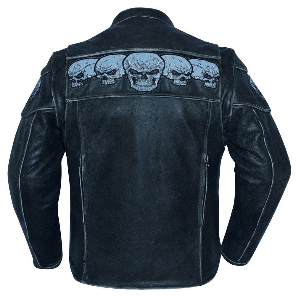 Leather Motorcycle Jacket - Men's - Reflective Skulls - Racer - DS723-DS