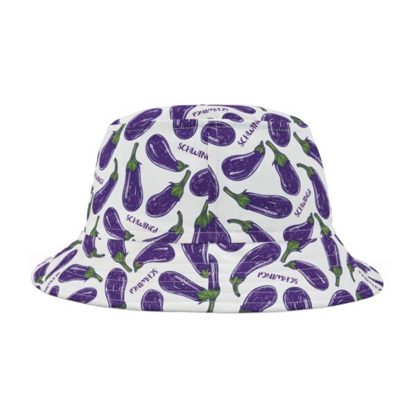 Doodle Eggplant Emoji - Text Schwing - Purple Green on White - Biker Bucket Hat