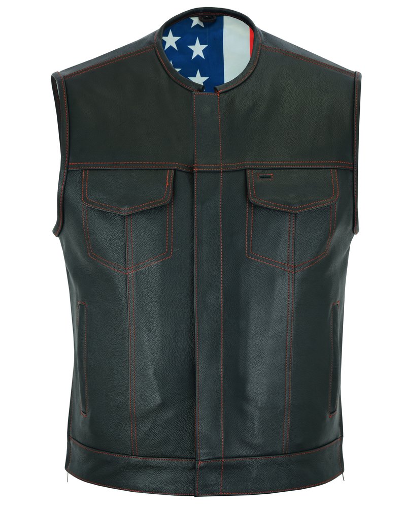 Leather Motorcycle Vest - Men's - USA Flag Liner - Gun Pockets - Up To 8XL - DS155-DS