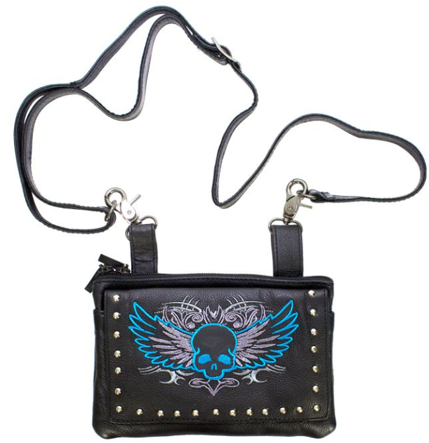 Leather Belt Bag - Teal Blue - Flying Skull Design - Handbag - BAG35-EBL10-TEAL-DL