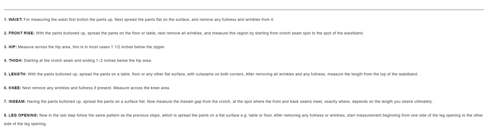 Size chart for women's leather Alexis pants.