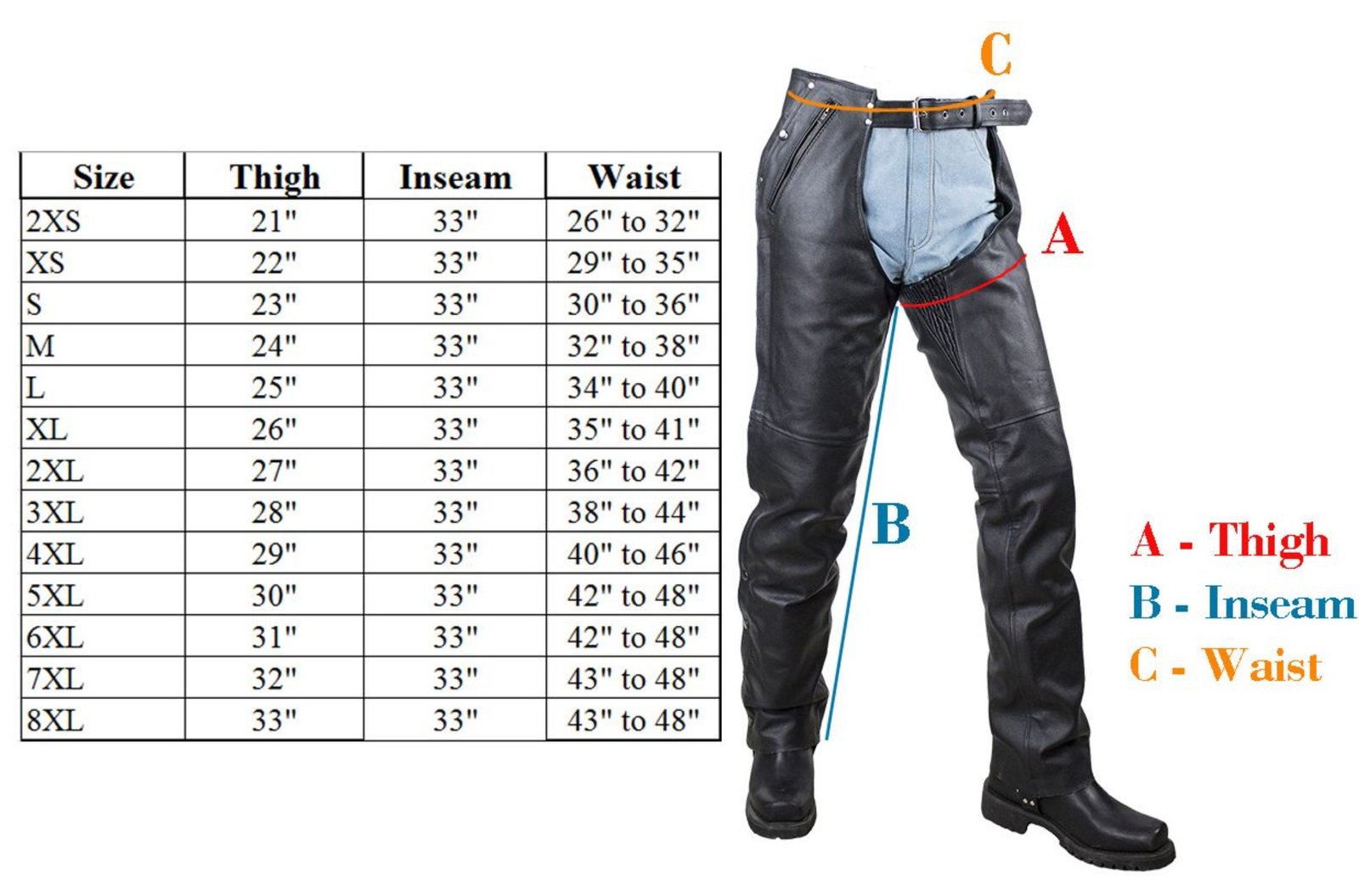 Size chart for unisex leather motorcycle chaps.