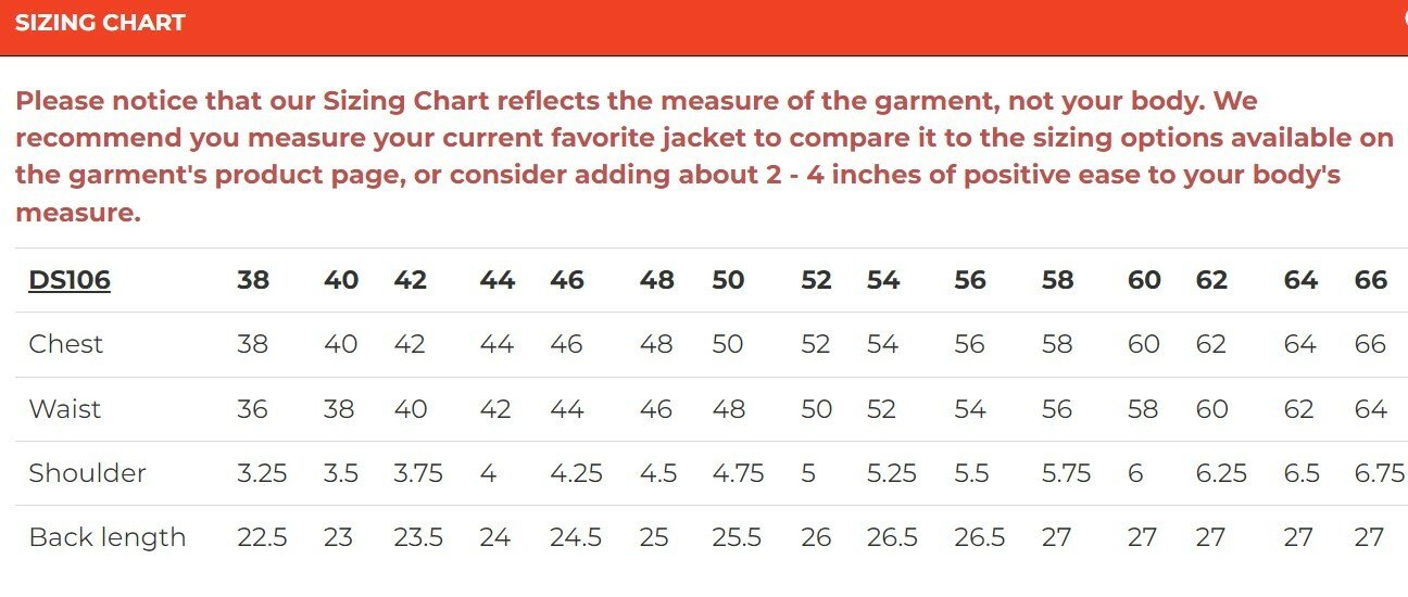 Size chart for men's leather vest.