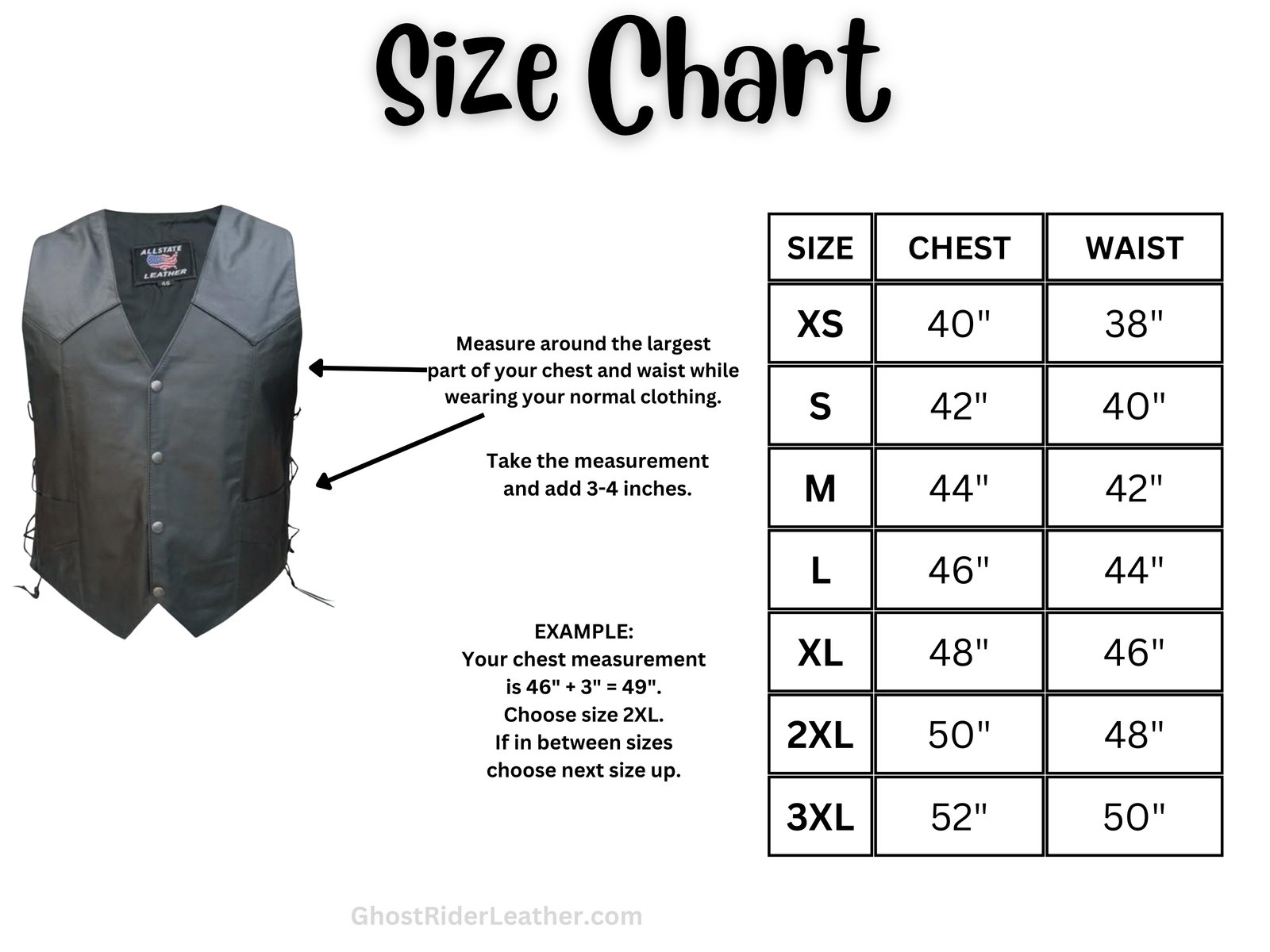 Size chart for men's leather motorcycle vest.