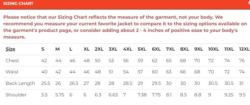 Size chart for men's leather motorcycle club vest.