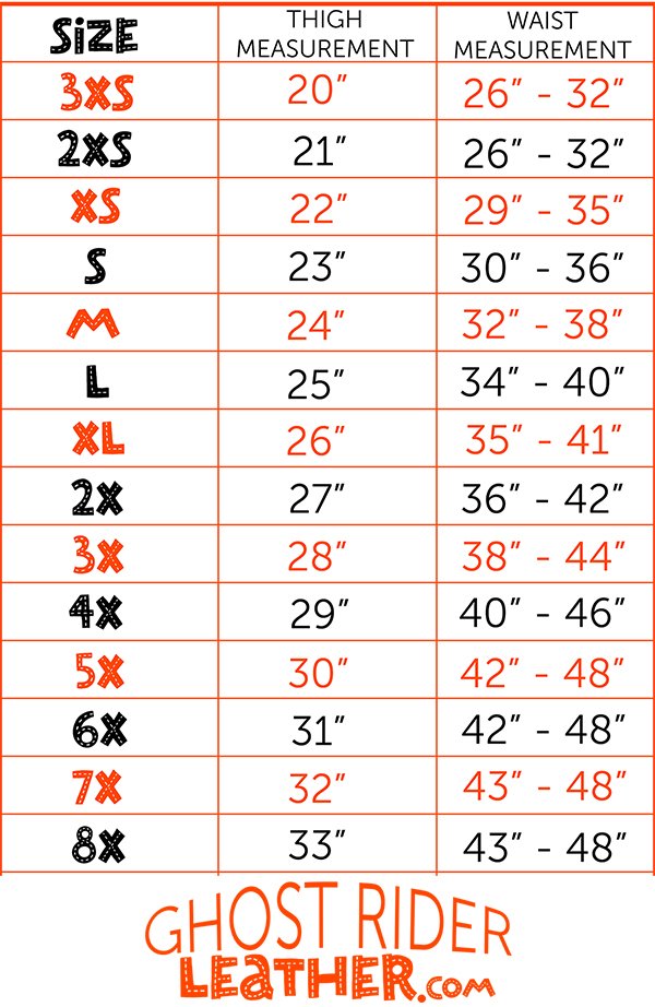 Size chart for men's leather motorcycle chaps.