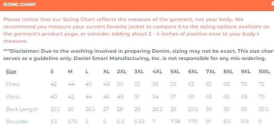 Size chart for men's leather and black denim combo vest.