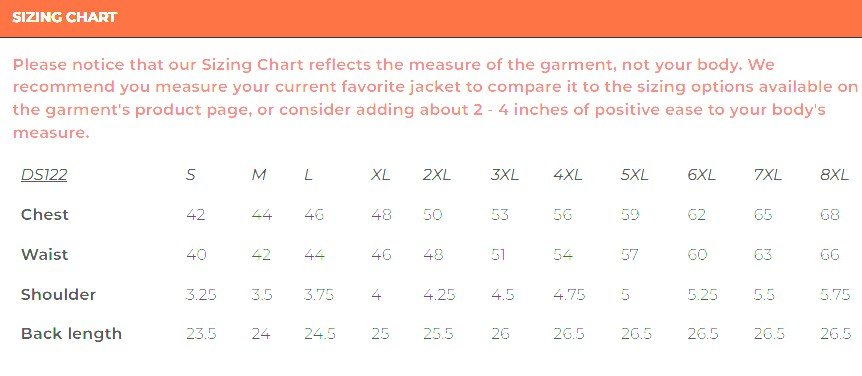 Size chart for men's leather biker vest.