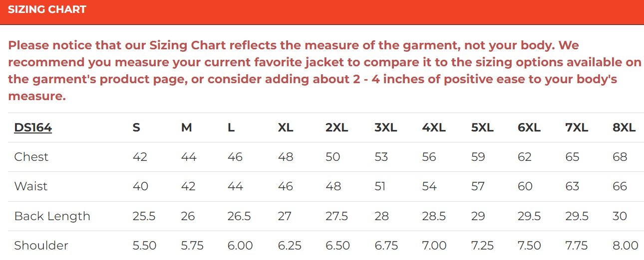 Size chart for men's black paisley leather motorcycle vest.