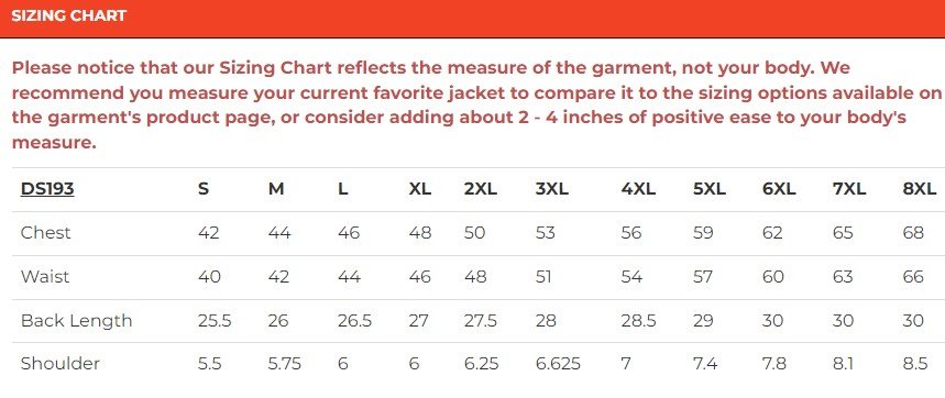 Size chart for men's leather motorcycle club vest with skull and flag lining.