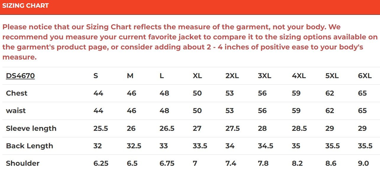 Size chart for men's gray and black flannel motorcycle shirt.