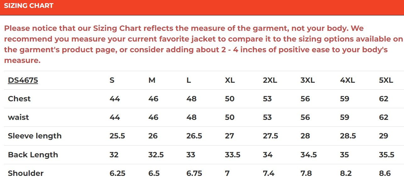 Size chart for men's orange and black plain flannel shirt.