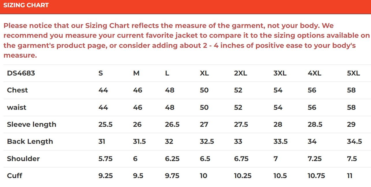 Size chart for men's blue and black flannel motorcycle shirt.