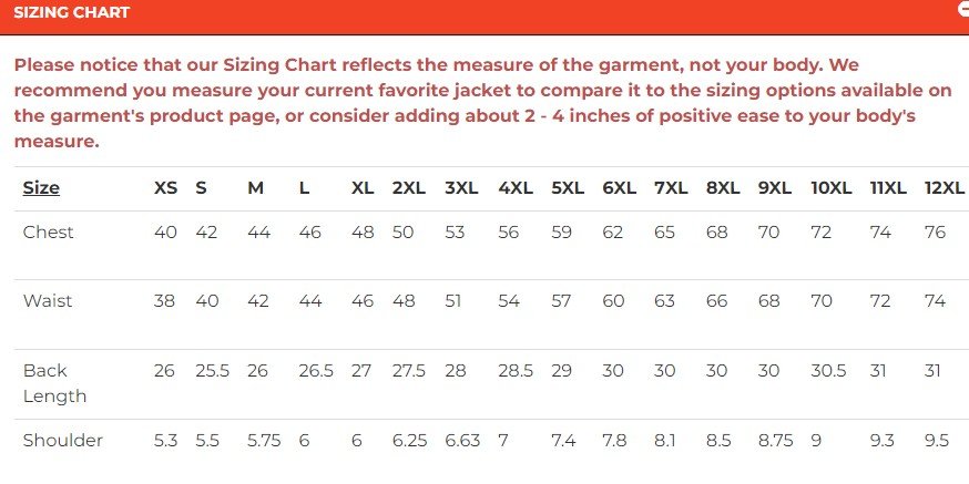 Size chart for men's canvas and leather motorcycle vest.