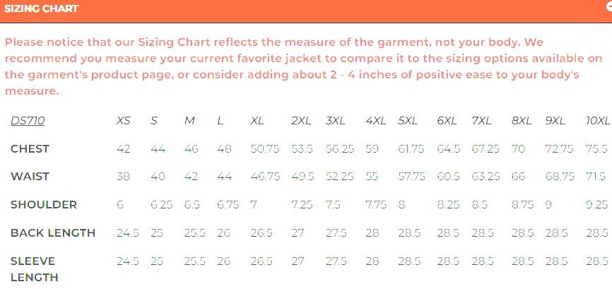 Size chart for men's leather biker jacket