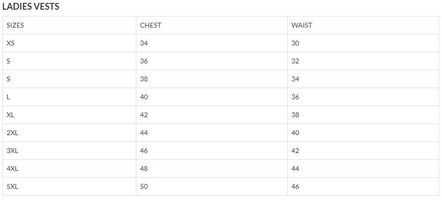 Size chart for women's leather motorcycle vest.