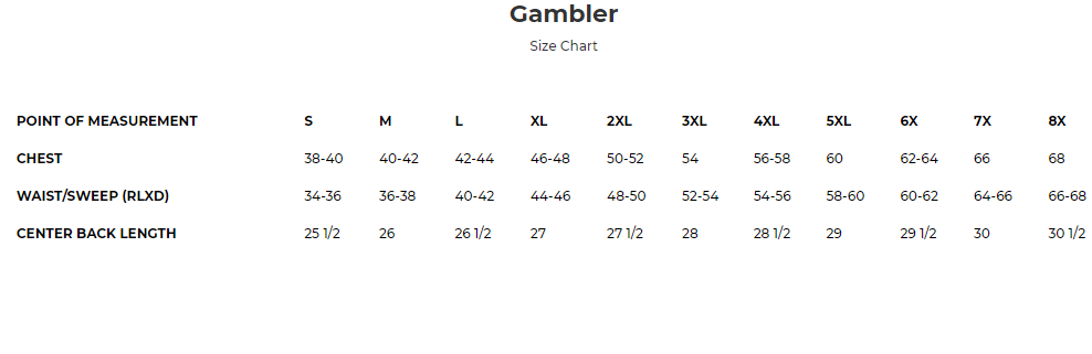 Size chart for men's denim motorcycle vest.