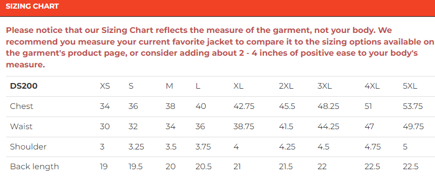 Size chart for women's leather swat motorcycle vest