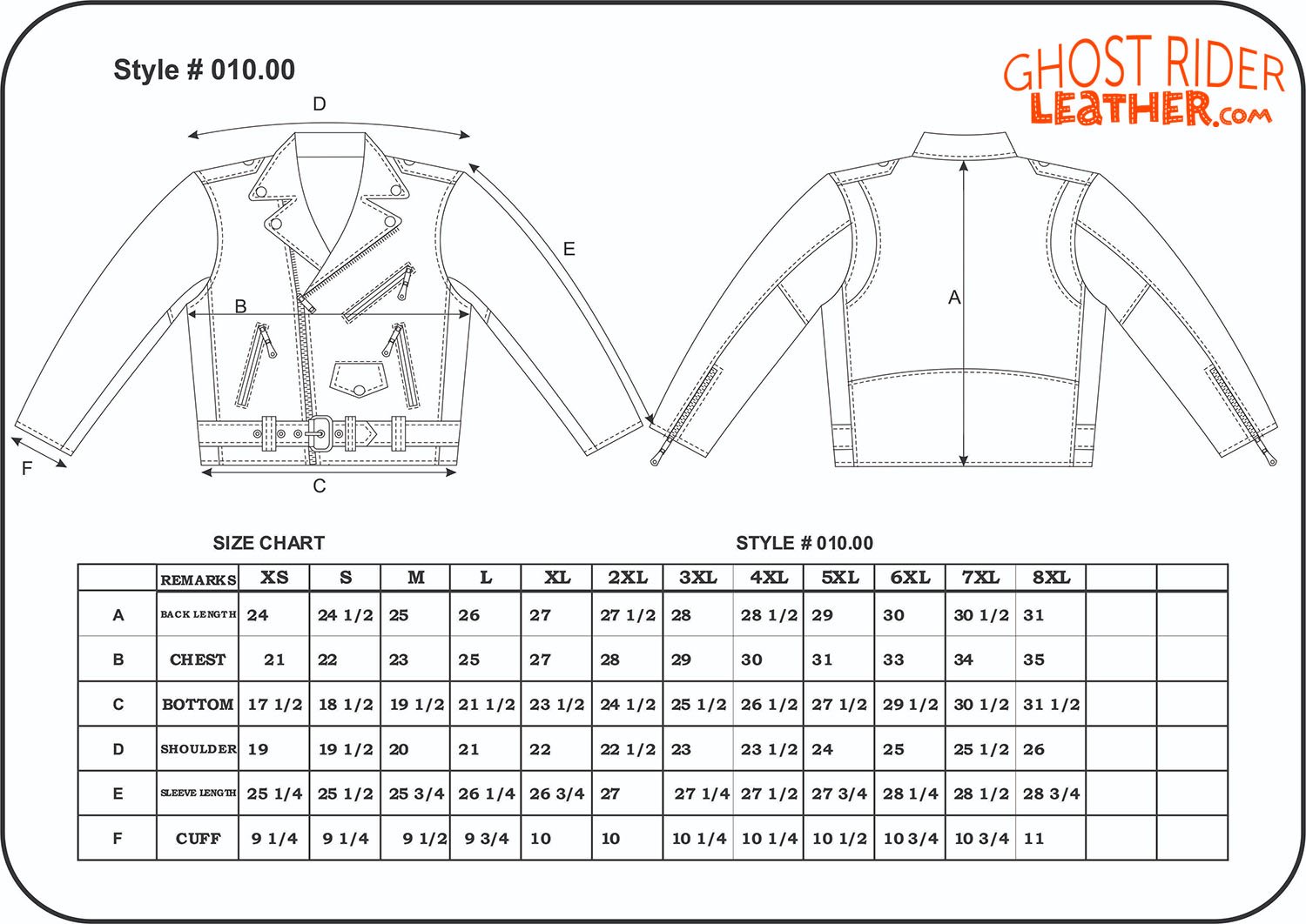 Size chart for men's classic leather motorcycle jacket from Unik.