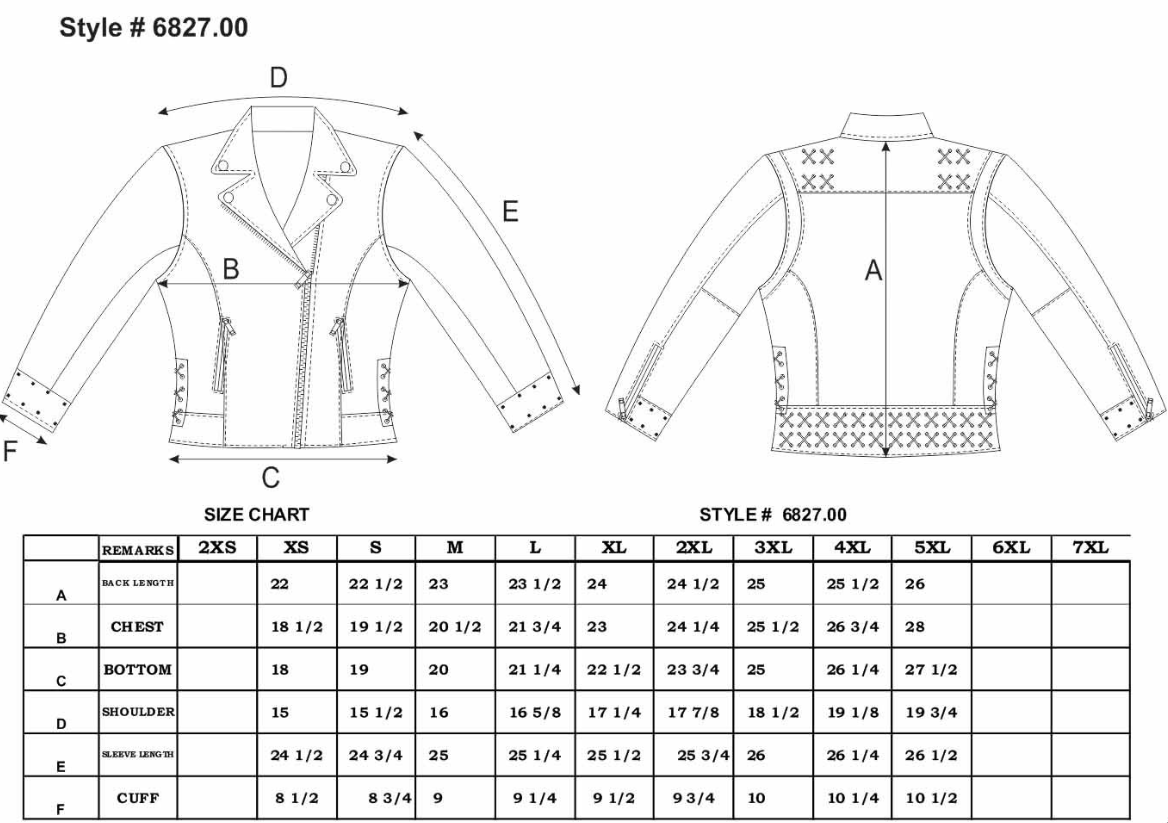 Size chart for women's leather motorcycle jacket.