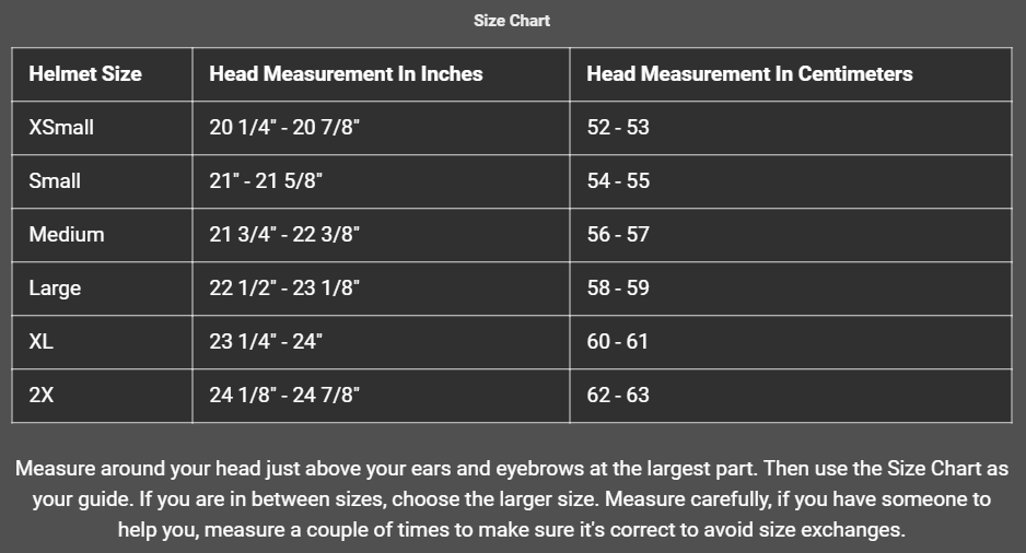 Size Chart for DOT Carbon Fiber LOOK Motorcycle Shorty Helmet - SKU GRL-1CL-HI