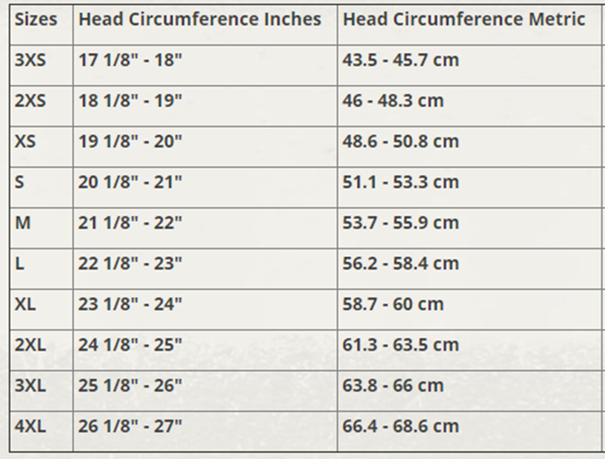 Size Chart for Daytona Helmets Adult Size Motorcycle Helmets