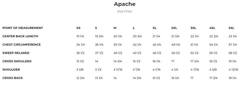 Size chart for Apache women's leather motorcycle vest with fringe.