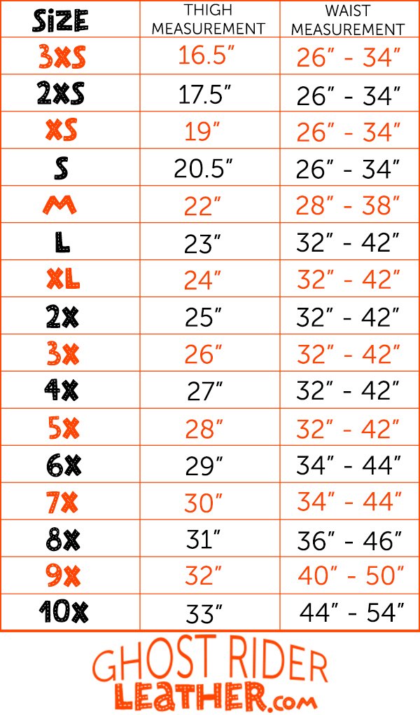 Size chart for leather motorcycle chaps.