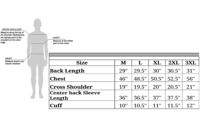 Size chart for men's flannel motorcycle shirts.