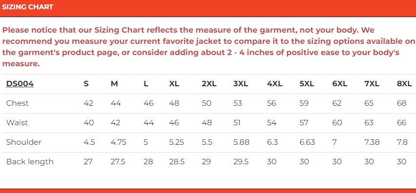 Size chart for perforated men's swat team leather motorcycle vest.