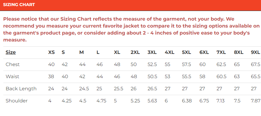 Size chart for men's leather motorcycle vest with side laces.