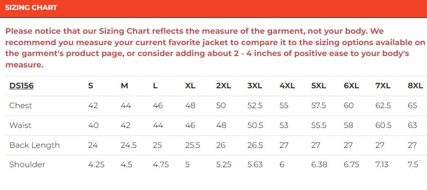 Size chart for men's Honor Ride leather motorcycle vest with American flag lining.
