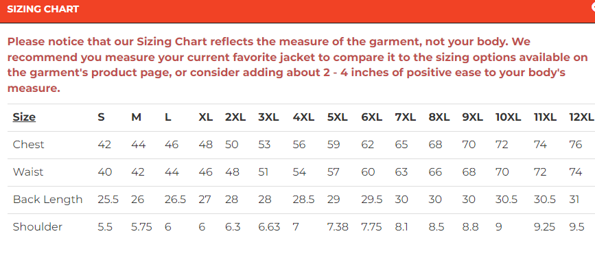 Size chart for men's gray leather motorcycle vest.