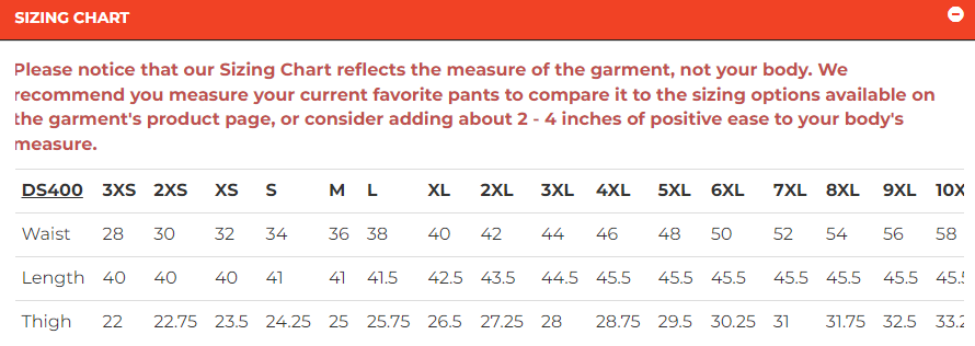 Size chart for men's leather chaps.