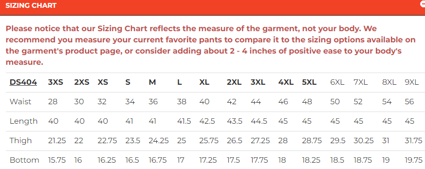 Size chart for men's leather chaps with double deep pockets.