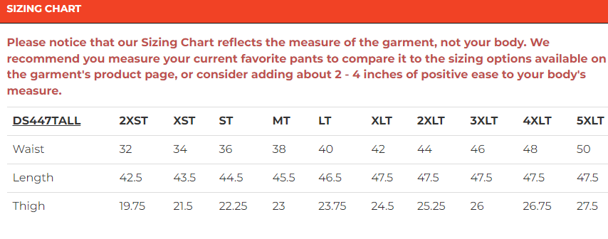 Size chart for men's leather chaps.