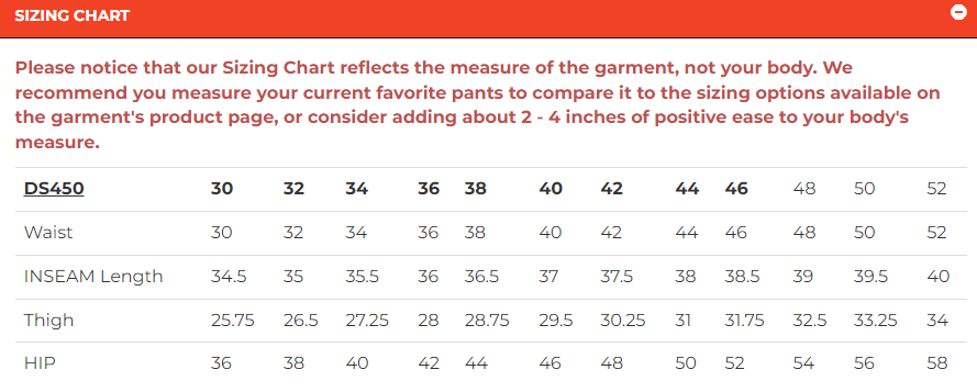 Size chart for DS450-DS Men's Leather Overpants