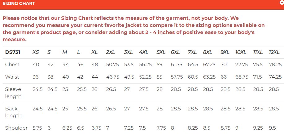 Size chart for men's leather motorcycle jacket with side laces.