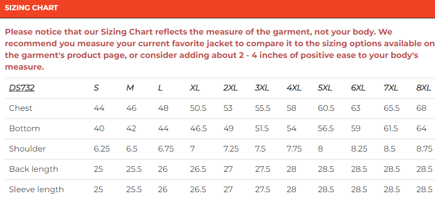 Size chart for men's leather police style motorcycle jacket.