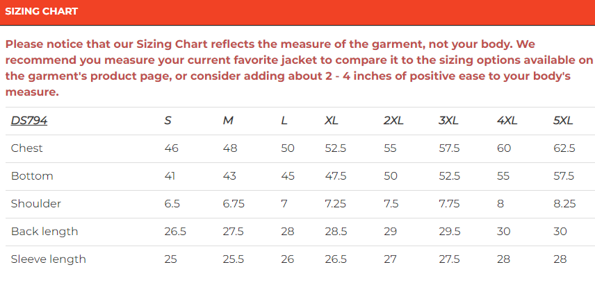 Size chart for men's leather motorcycle jacket.