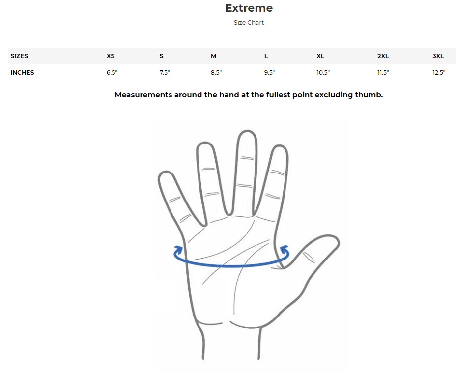 Size chart for Extreme men's hard knuckle leather motorcycle gloves.