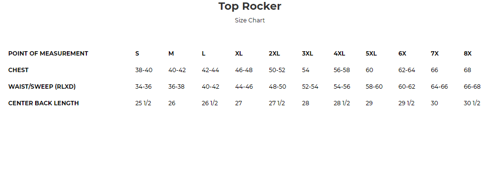 Size chart for men's copper leather motorcycle club vest.