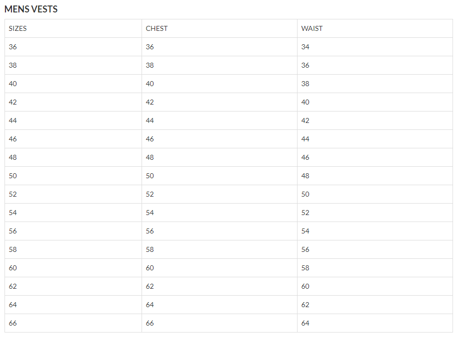 Size Chart for men's leather vests with number sizing.