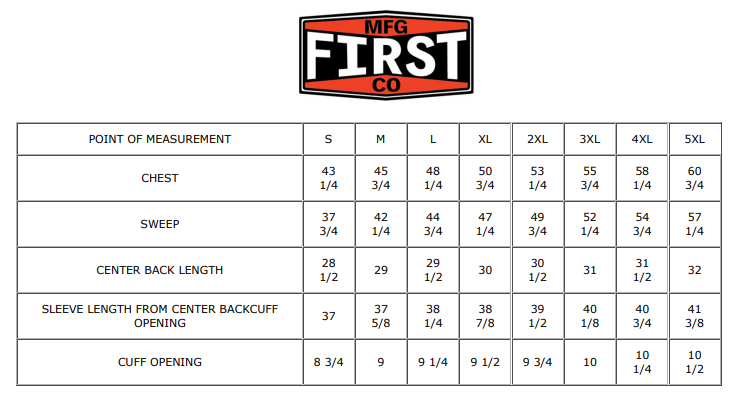 Size Chart for Mercer - Men's Canvas Motorcycle Shirt - SKU GRL-FIM417CNVS-FM